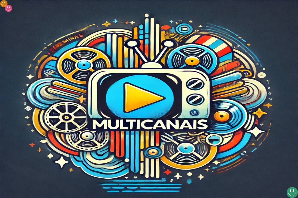 Colorful Multicanais-inspired streaming hub logo with TV icon, play button, and digital media elements