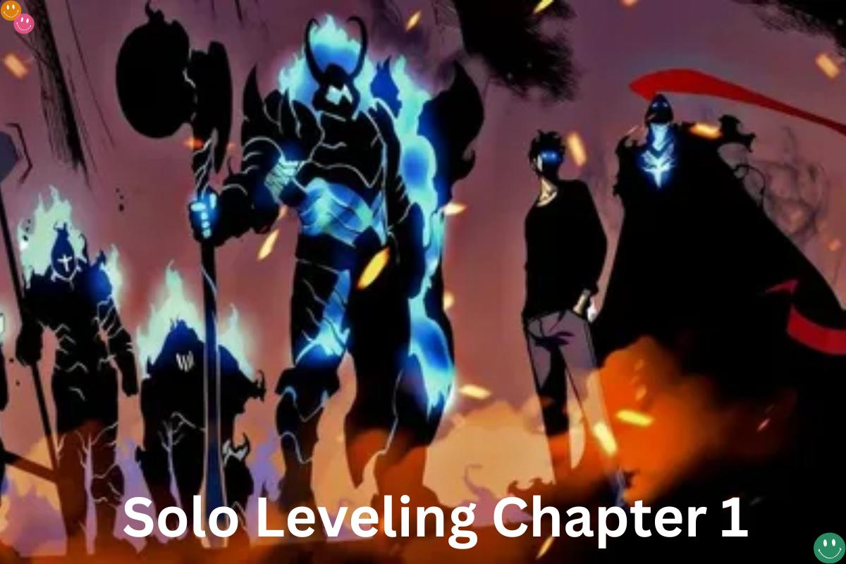 : Illustration from "Solo Leveling Chapter 1" showing characters facing powerful, glowing armored figures