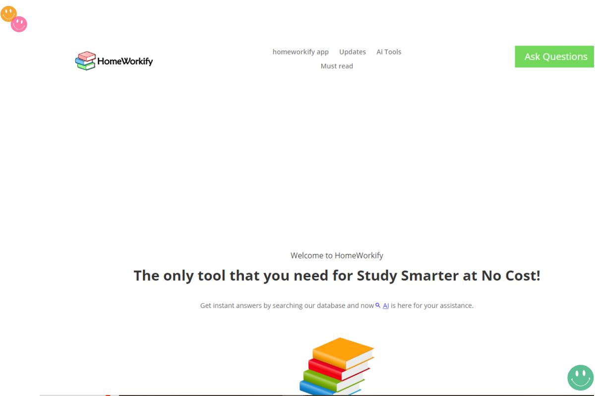 The image shows the homepage of "HomeWorkify," promoting it as a free tool for studying smarter with instant answers