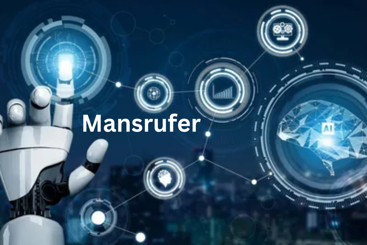 Mansrufer AI technology concept: robotic hand interacting with virtual data interface, highlighting AI and analytics