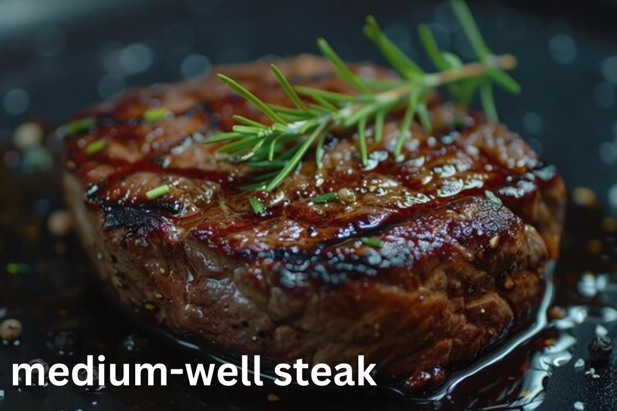 Image of a perfectly cooked medium well steak, showing a mostly cooked center with a hint of pink, similar to how Bucatini pasta has a unique texture