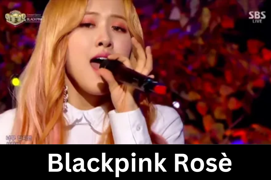 one images of Blackpink Rosè performing on stage, showcasing her iconic blonde hair and stylish outfits, with the name 'Blackpink Rosè' displayed in bold text below