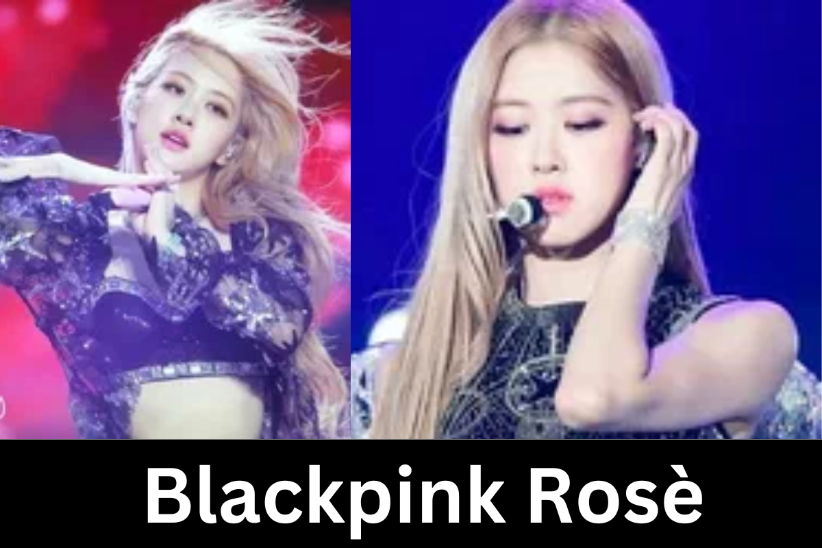 Two images of Blackpink Rosè performing on stage, showcasing her iconic blonde hair and stylish outfits, with the name 'Blackpink Rosè' displayed in bold text below