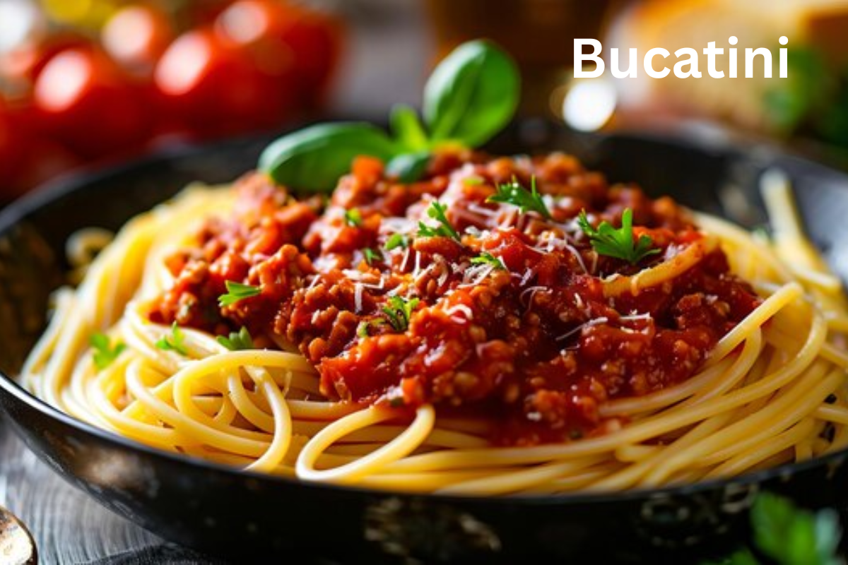 Alt text :Bucatini noodles, showcasing their thick, hollow shape, in a variety of delicious recipes and cooking tips