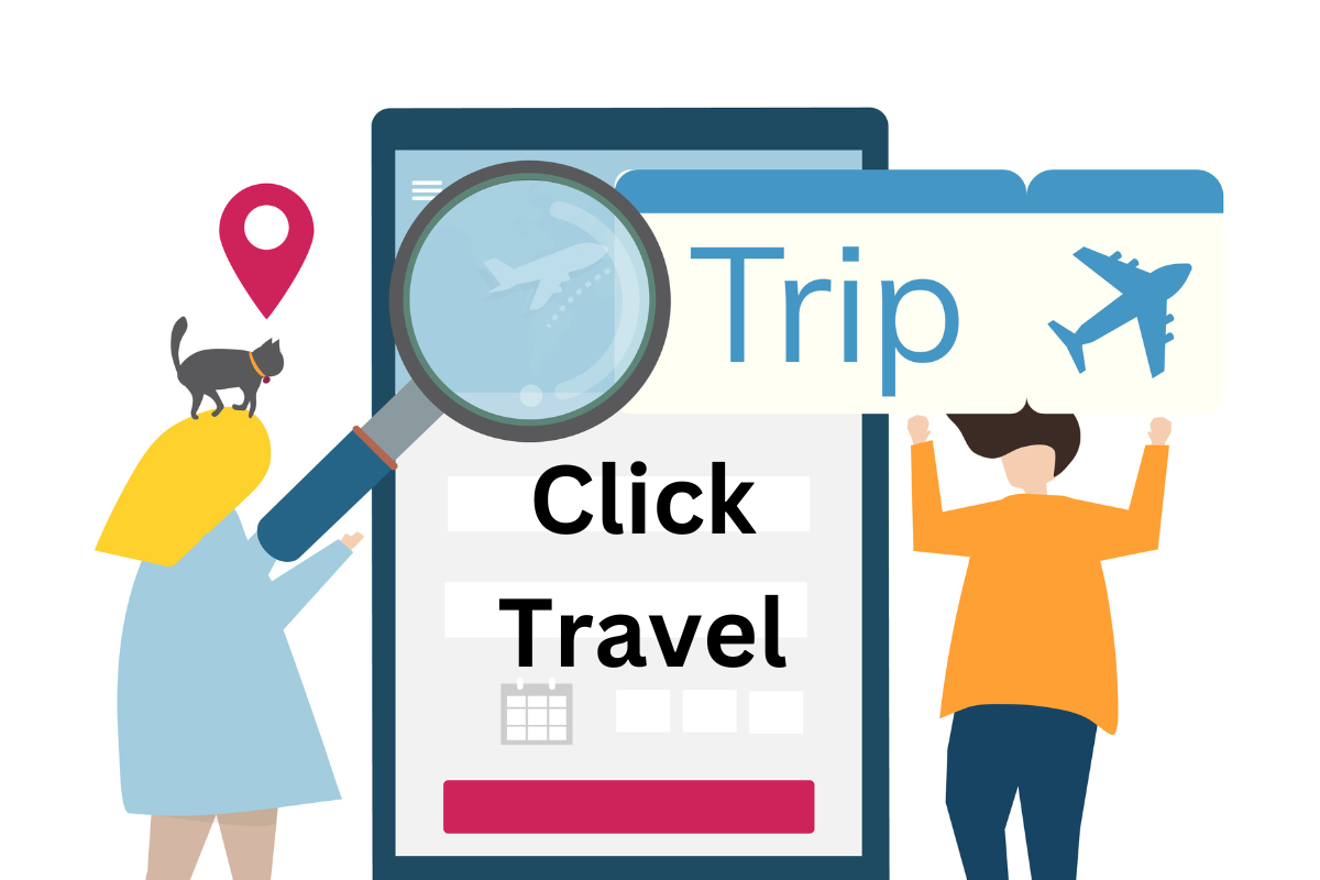 Travelers using the Click Travel app on a smartphone, illustrate the convenience of booking and managing travel on the go