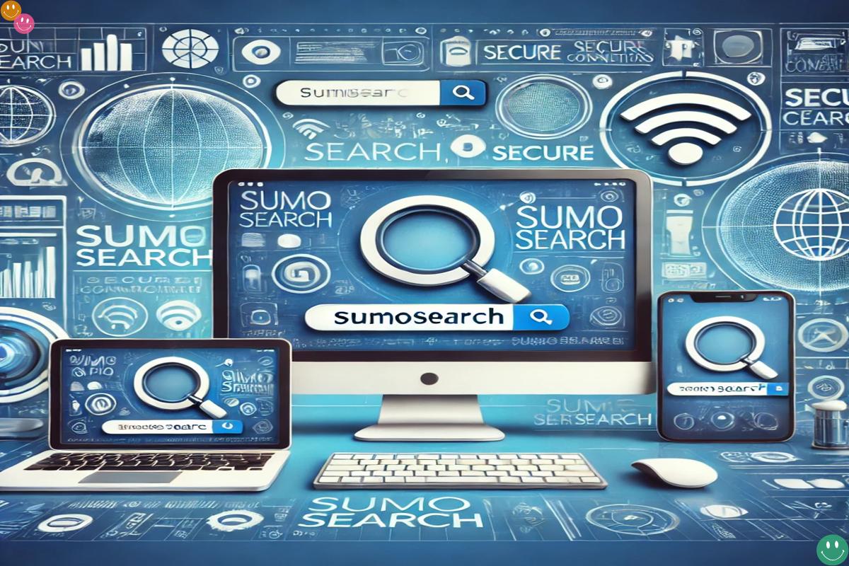 SumoSearch displayed on multiple devices with digital icons representing a secure and connected online world