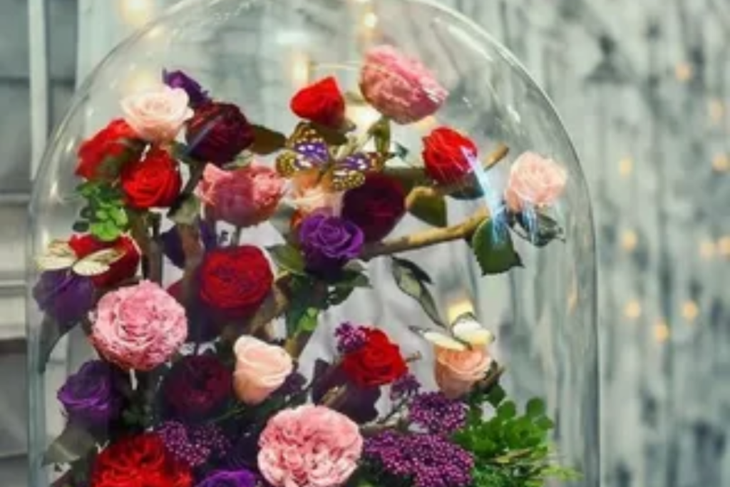 Forever Roses: A beautiful arrangement of vibrant blooms under glass, preserving love and elegance in a timeless display