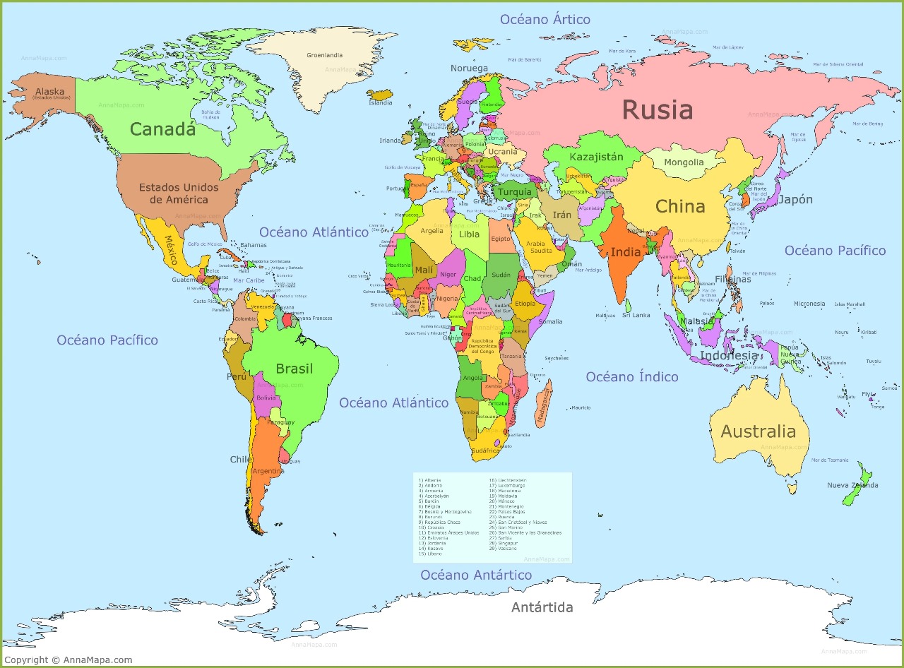 The image shows a world map in Spanish, highlighting countries and oceans. Countries like Canadá, Rusia, China, India, Brasil, and Australia are labeled, along with oceans