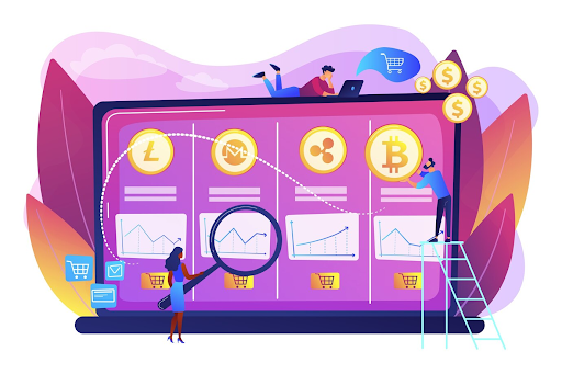 Illustration of cryptocurrency symbols with a futuristic background, representing the future trends and expert analysis on the Crypto-Engine.pro Blog