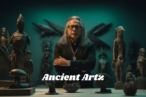 Man surrounded by various ancient sculptures and artifacts, representing the essence of Ancient Artz