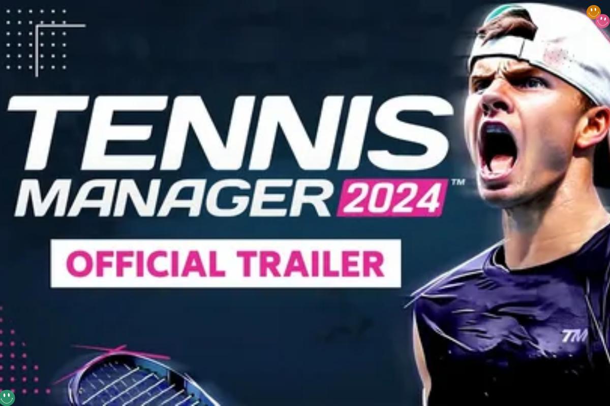 Official Tennis Manager 2024 cheat trailer cover showcasing a passionate tennis player and game title