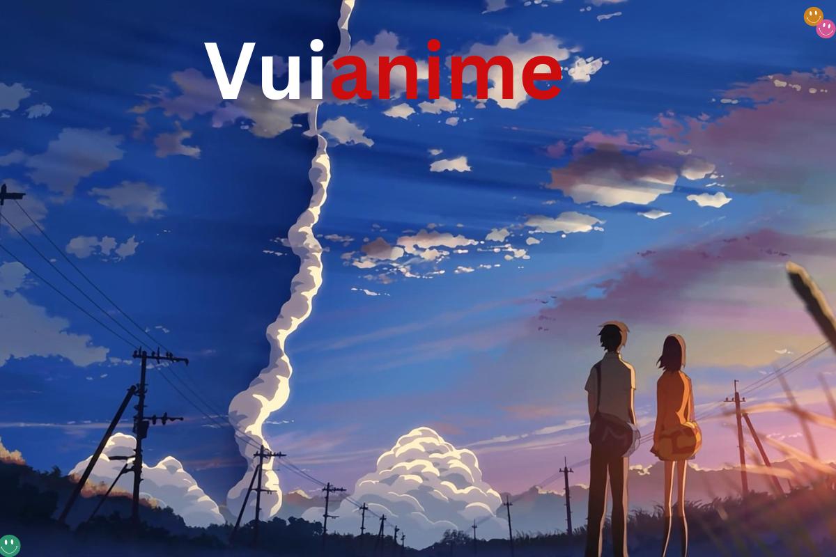 Two anime characters standing beneath a stunning sky with Vuianime logo in bold red and white text.