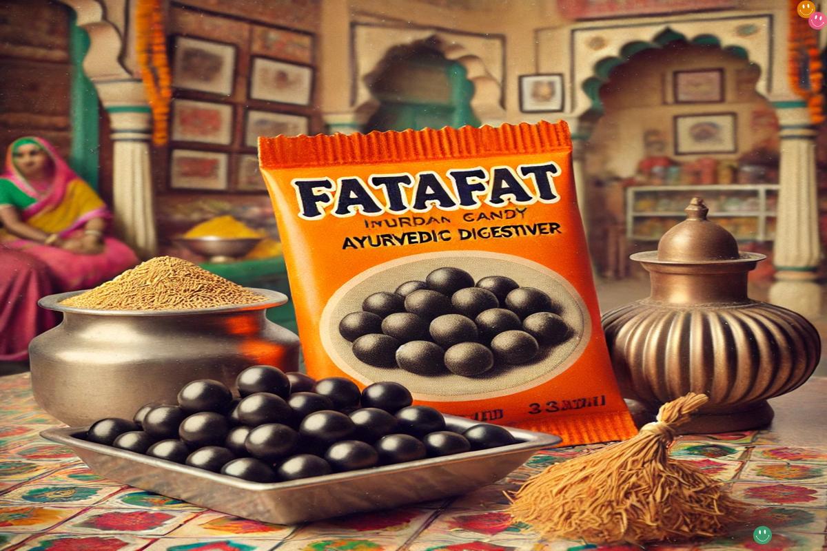 Fatafat candy with an orange packet, black candy balls, and Indian spices symbolizing Ayurvedic benefits