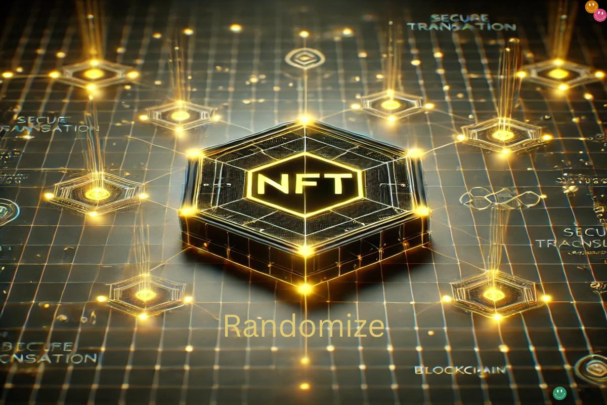 Futuristic NFTRandomize process with blockchain technology, showcasing digital assets uniqueness.