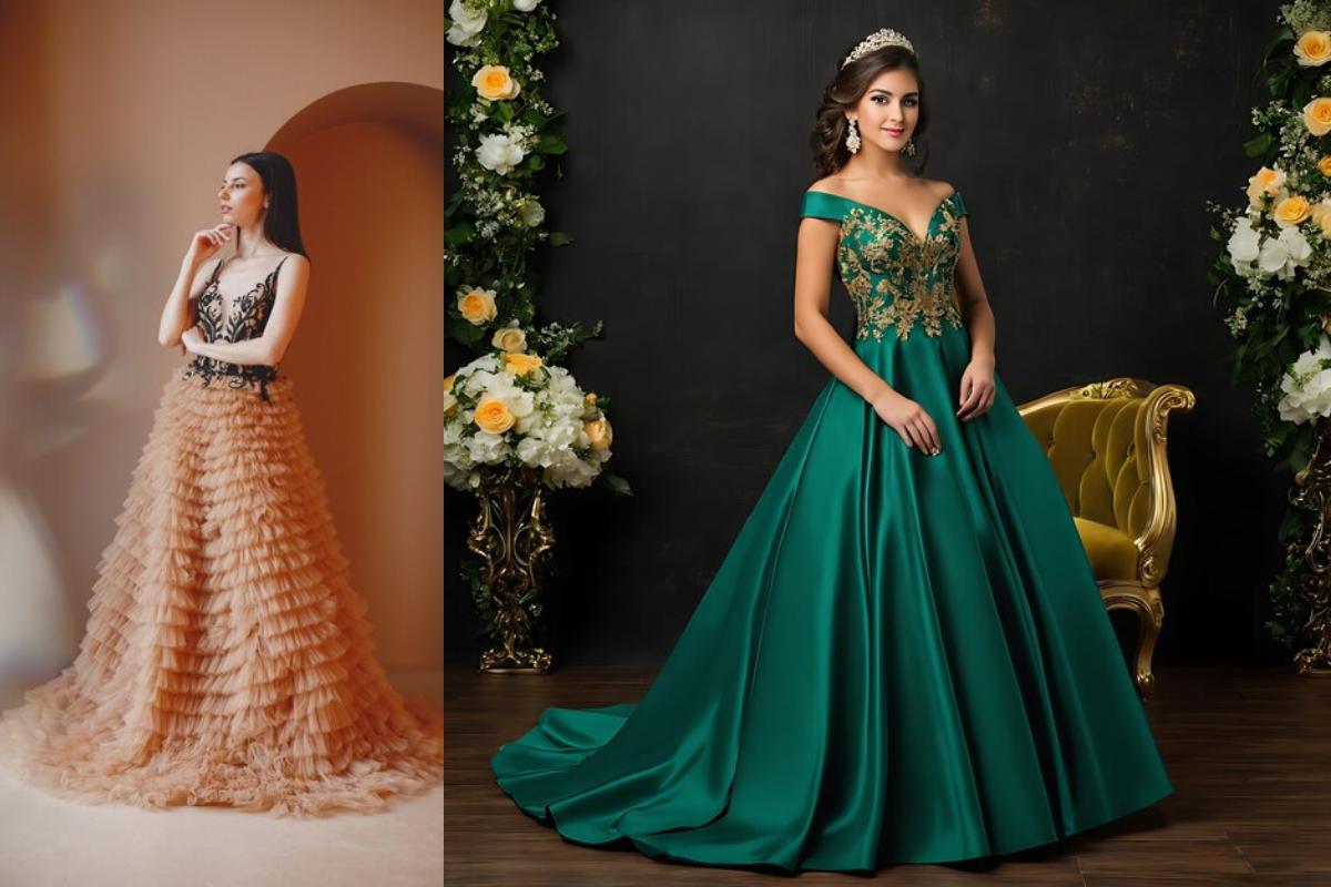 Elegant evening gowns: a ruffled tulle dress and an off-shoulder satin gown with gold floral embroidery