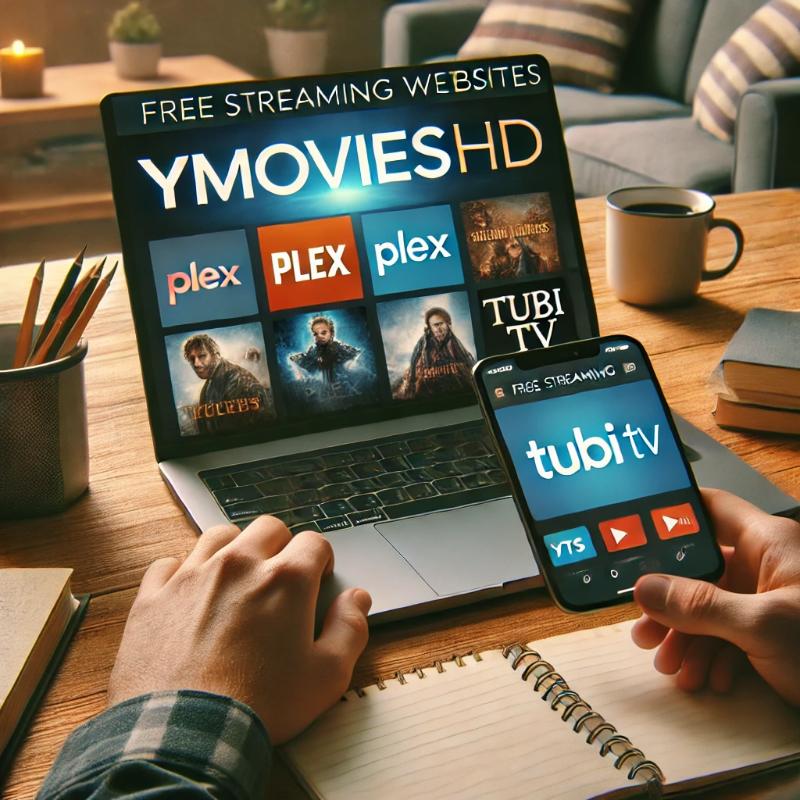 Exploring free streaming sites like YMoviesHD, Plex, Tubi TV, and YTS on a laptop and smartphone at home.