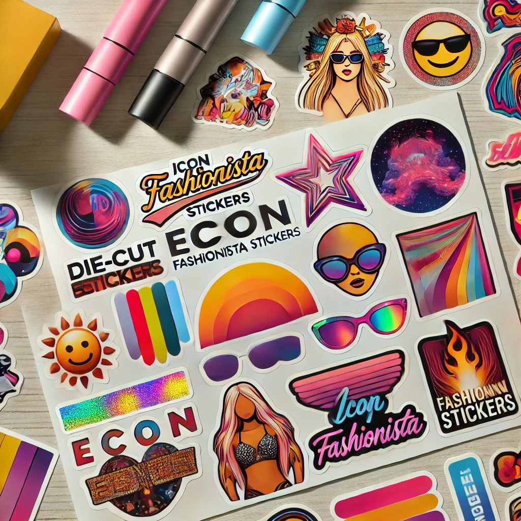 This visual showcases various types of stickers, including trendy "icon fashionista stickers," to complement your content.