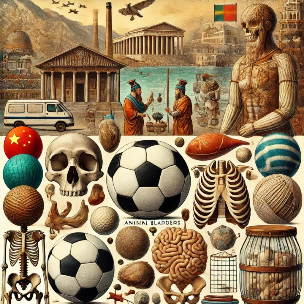 Early soccer balls made from animal bladders, human skulls, and fabric in ancient China, Greece, and Rome