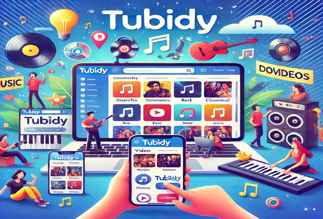 Colorful Tubidy mobile interface showing easy access to free music and video downloads