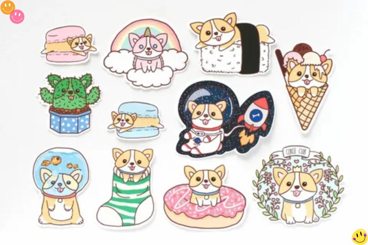 Adorable corgi-themed stickers in various creative designs, including unicorns, sushi, astronauts, and more