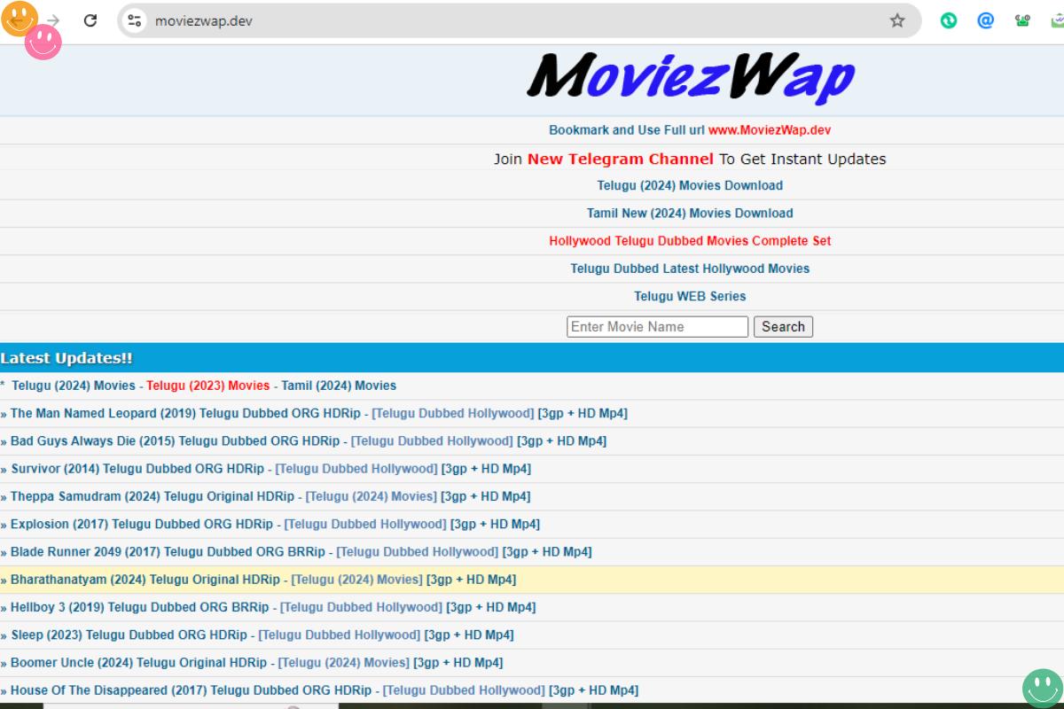 Moviezwap website homepage featuring categories for Telugu, Tamil, and Hollywood movies, along with download options and a search bar.