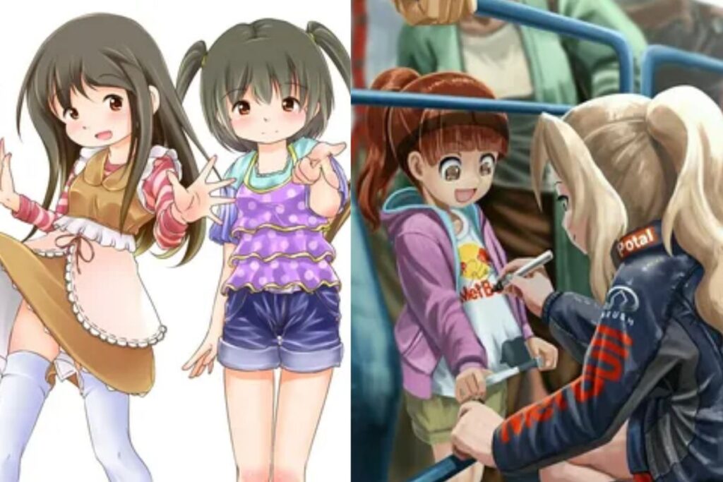 Anime-style artwork of two girls in colorful outfits and a scene of a child receiving an autograph from a woman