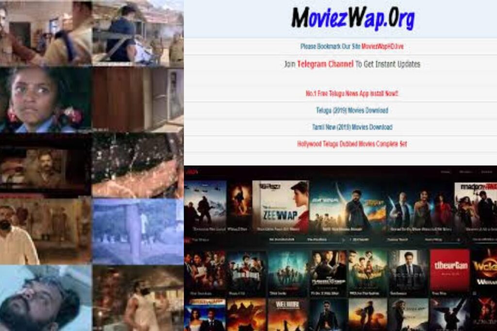 Moviezwap homepage with movie categories and download options, highlighting free Telugu, Tamil, and Hollywood films