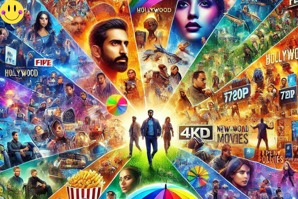 A colorful collage of diverse movies and shows, from Bollywood to Hollywood, available in 720p, 1080p, and 4K