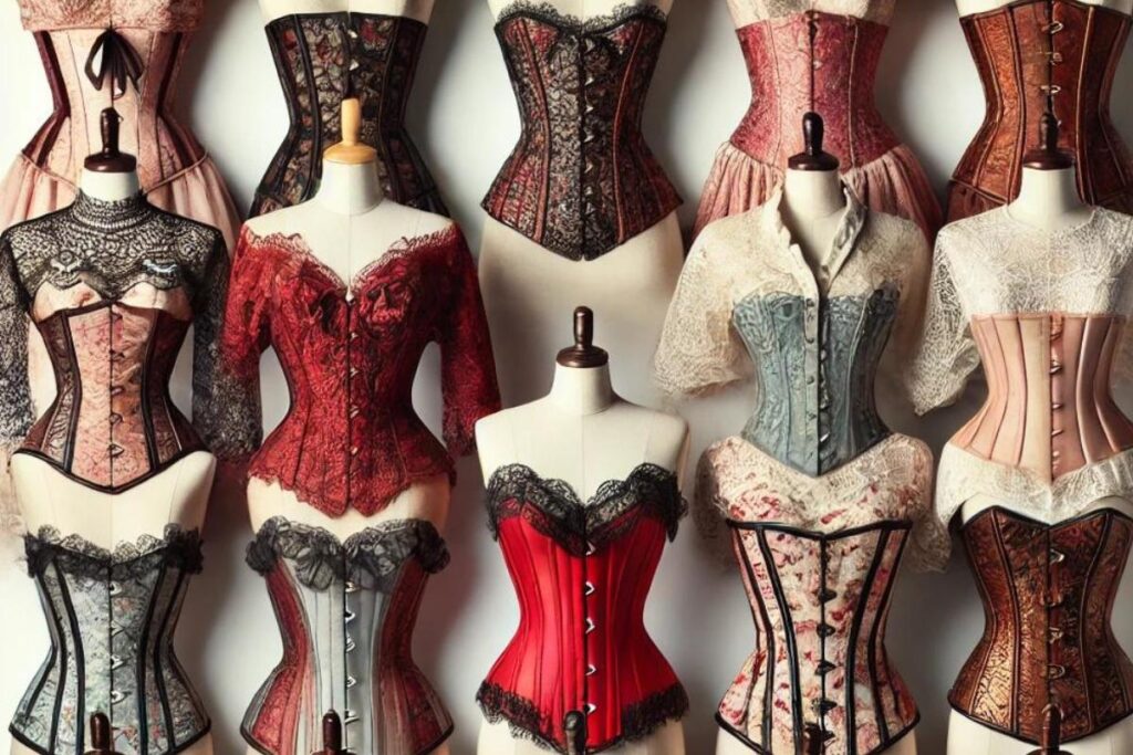 A collection of vintage corsets with intricate lace, embroidery, and unique designs in various colors and styles