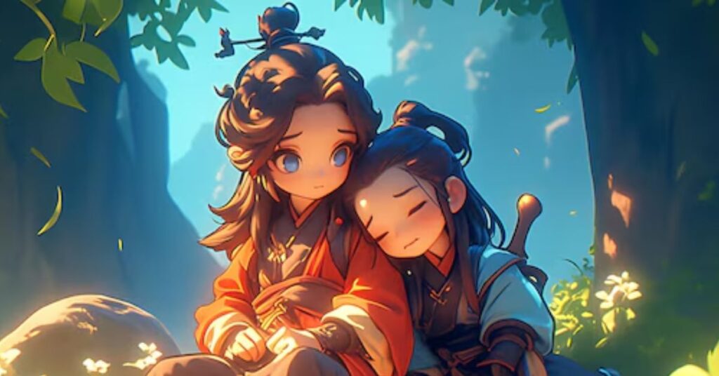 Anime-style illustration of two characters sitting together, one resting on the other's shoulder in a peaceful forest setting.