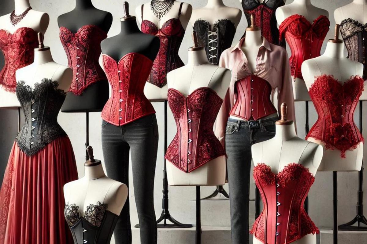 Various red and black corsets displayed on mannequins, showcasing different designs, fabrics, and lacework