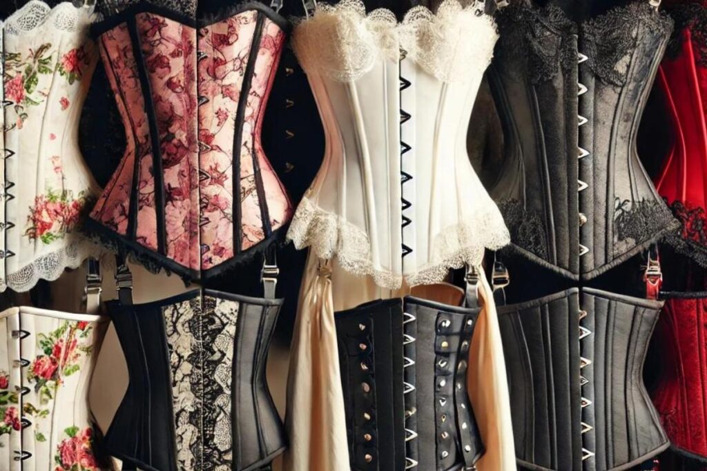 A display of various corset tops featuring floral patterns, lace details, and diverse colors and designs