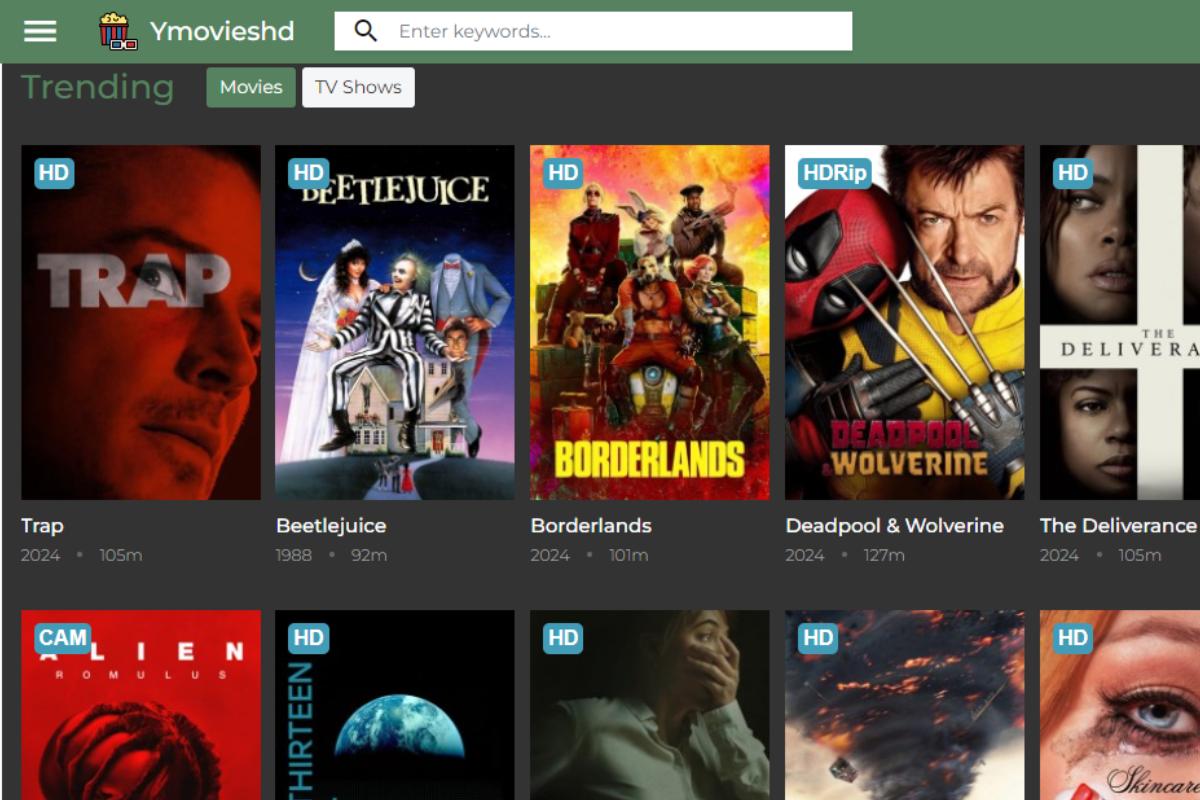 ymovieshd homepage showing trending movies in HD, including popular titles like Beetlejuice and Deadpool.