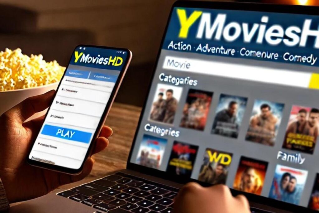 Browsing and playing movies on ymovieshd from a laptop and phone in a cozy home setting with popcorn.