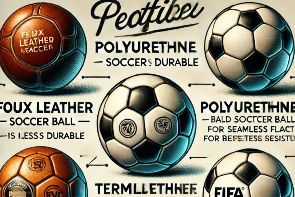 Various soccer balls showing materials, durability, construction, and FIFA certification for different playing needs