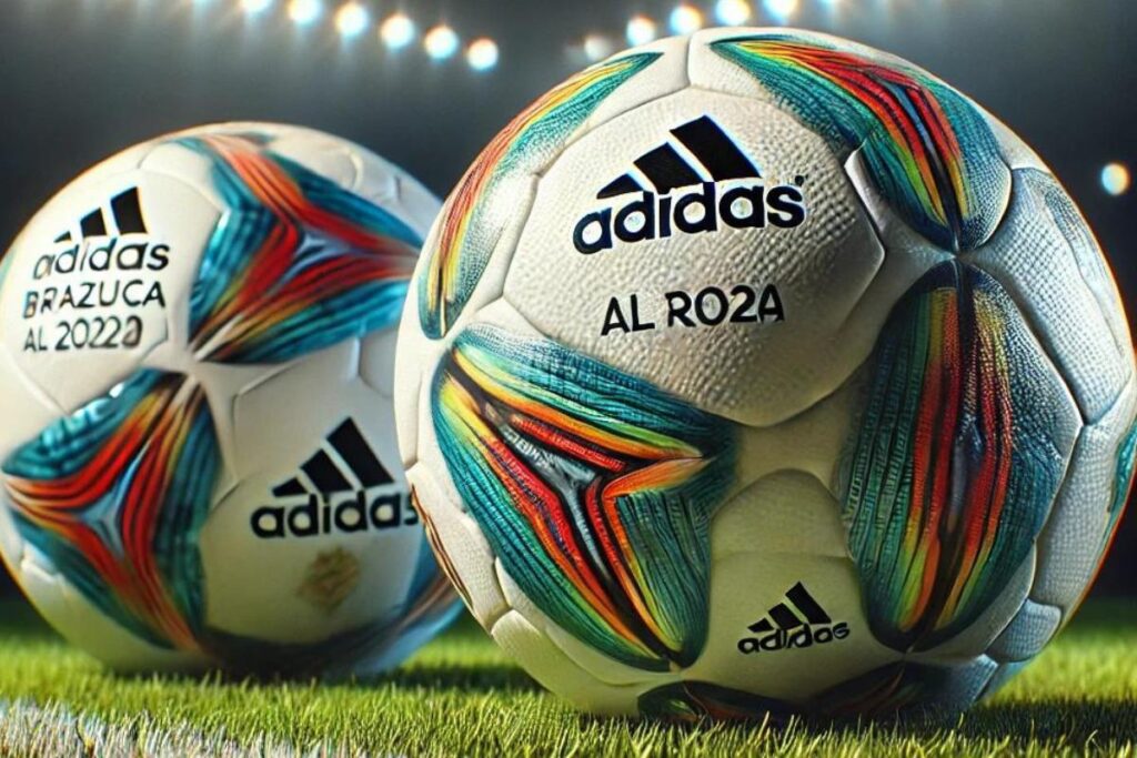 Close-up of Adidas Brazuca 2014 and Al Rihla 2022 soccer balls showcasing advanced thermally bonded panels