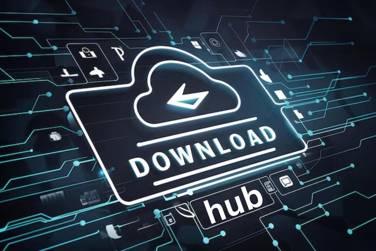 Graphic of a digital downloadhub interface with a cloud icon, representing secure and fast downloading options