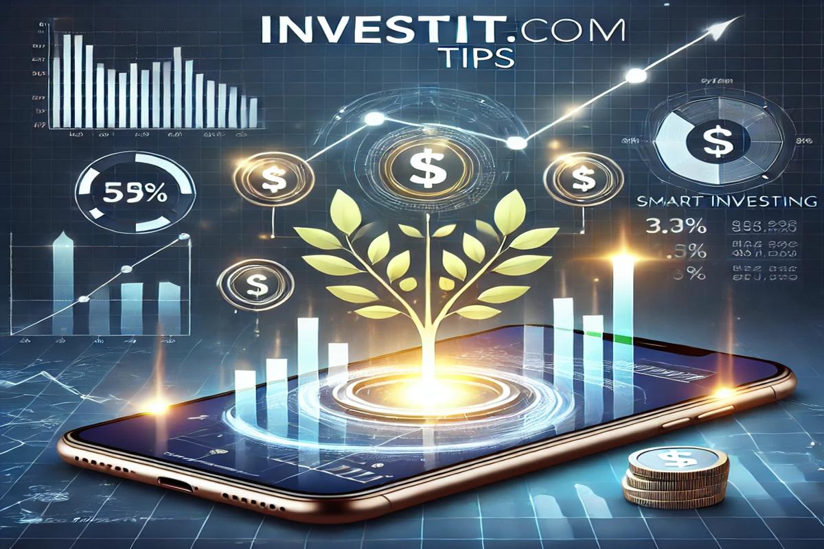 Modern investment interface with graphs, charts, coins, and tree symbolizing growth, titled 'Investiit.com Tips