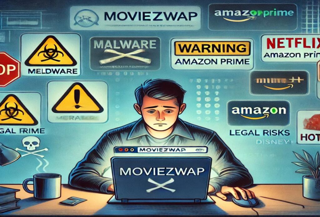 Person concerned about Moviezwap risks on laptop, surrounded by malware warnings and legal streaming alternatives