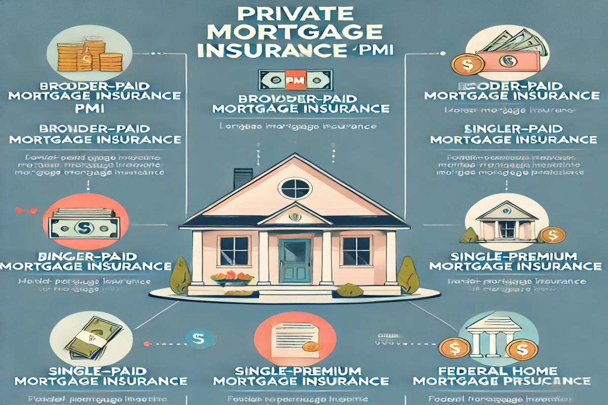 Infographic explaining Private Mortgage Insurance (PMI) types: Borrower-paid, Lender-paid, and more