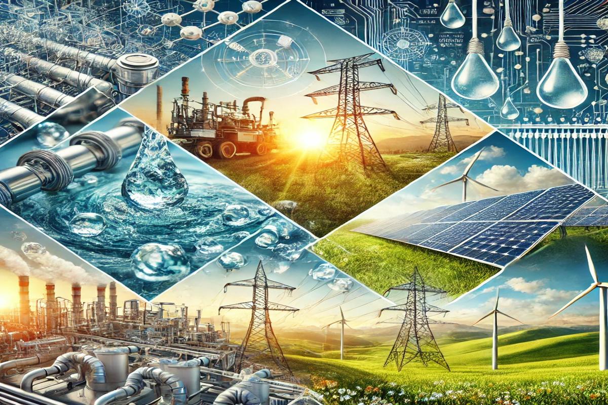 Unite Consortium Utilities collage: showcasing sustainable energy sources like solar panels, wind turbines, and clean water.