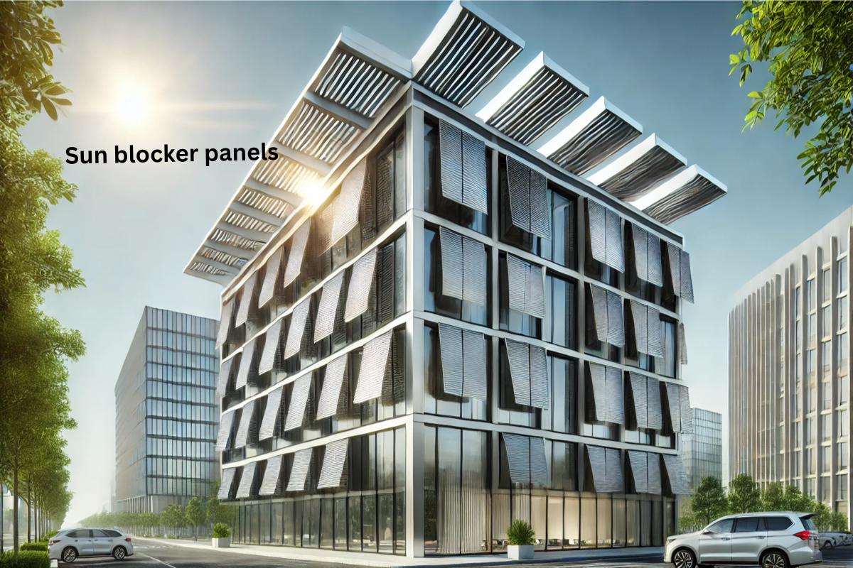 Sun blocker panels on a building providing sustainable cooling by blocking sunlight and reducing energy use