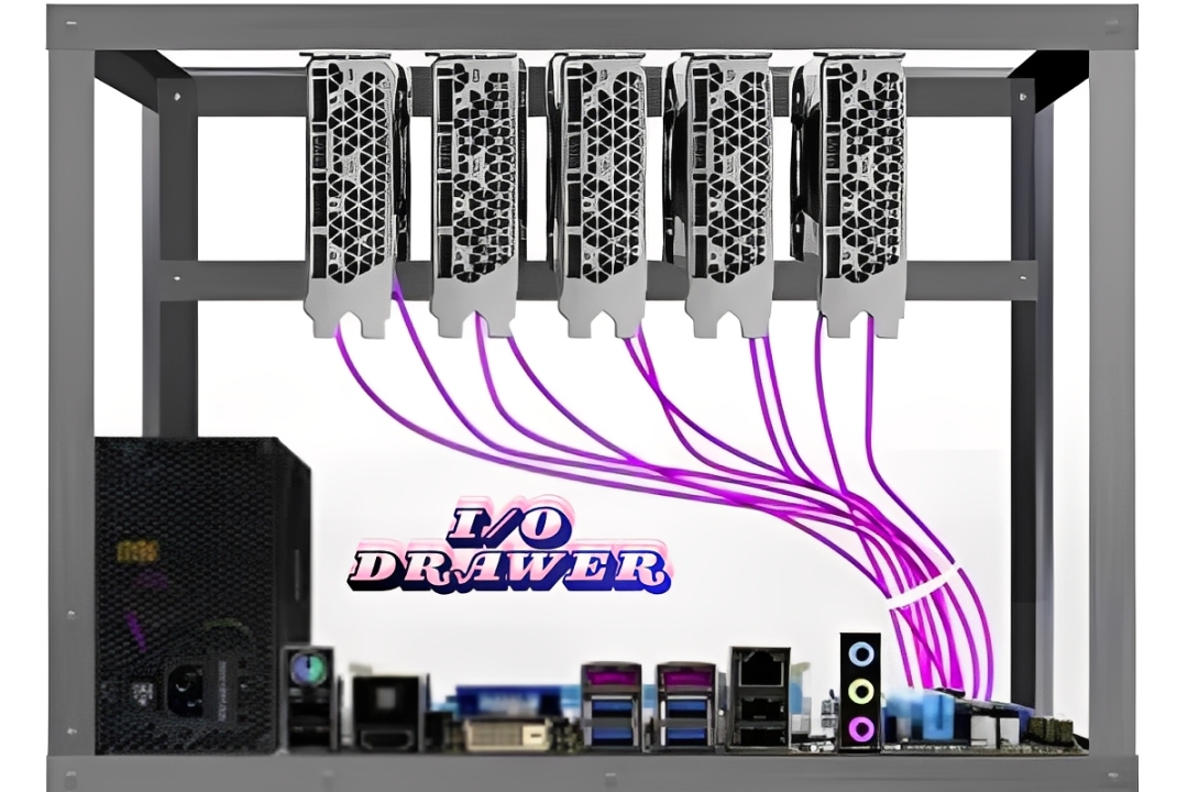 Diagram illustrating an i/o drawer architecture showing backplane, interface adapters, power modules, and connectivity with enterprise server systems.