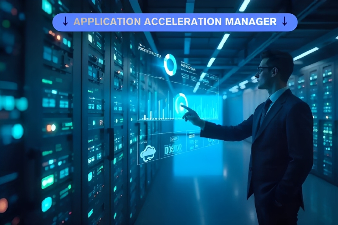 Diagram illustrating how an application acceleration manager optimizes traffic flow, enhances application performance, and supports scalable IT environments.