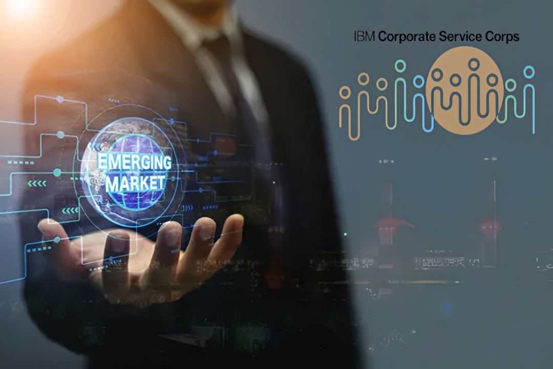 IBM Corporate Service Corps team collaborating on pro bono tech project in emerging market, promoting global citizenship, leadership, and sustainable development.